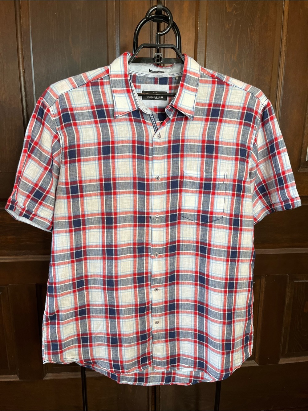 Bugatchi Uomo Classic Fit Linen Shirt Short Sleeve Red/Blue Plaid Men's Size XL